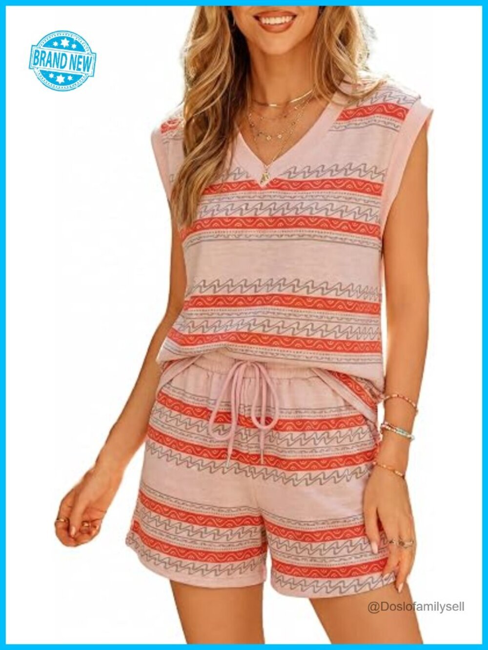 2 Piece Striped Tank Top and Shorts Set with Pockets